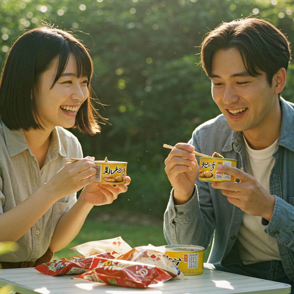 japanese couple eating canned fish from japan