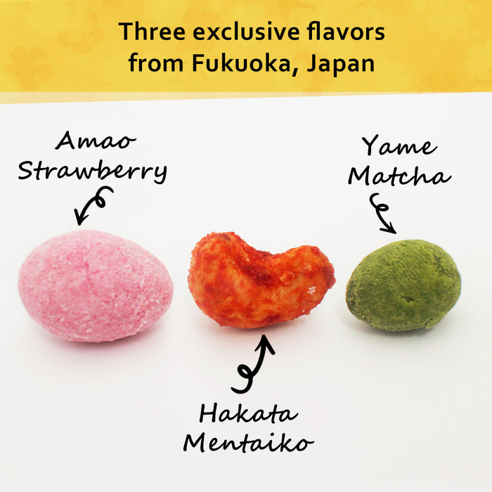 Fukuoka Premium Nuts Exclusive flavors from Japan - Hakata Mentaiko, Yame Matcha, Amao Strawberry